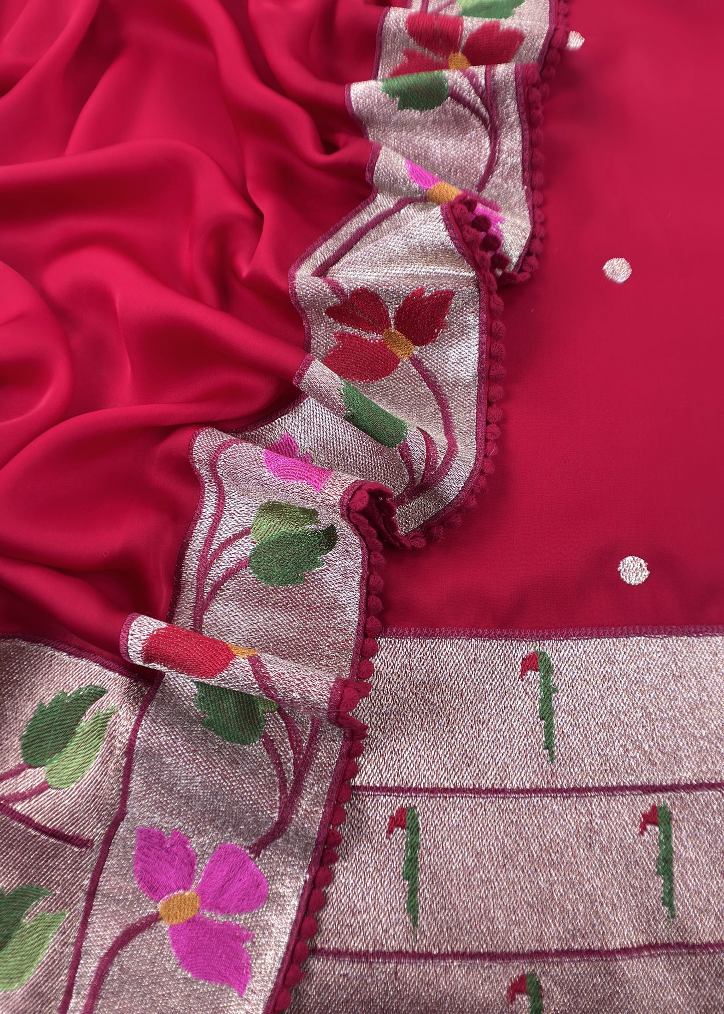 Laal Ishq Handloom Self Embroidered Satin Silk Suit Fabric With Paithani Weaving