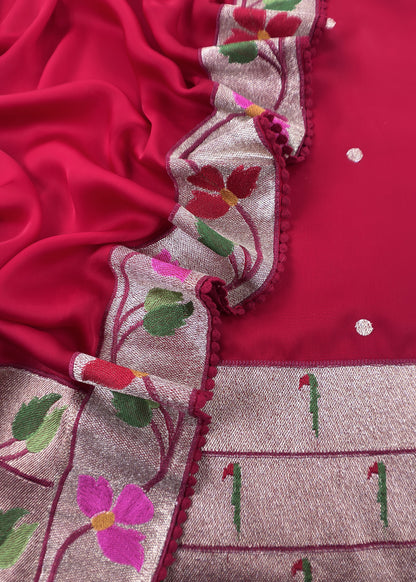 Laal Ishq Handloom Self Embroidered Satin Silk Suit Fabric With Paithani Weaving