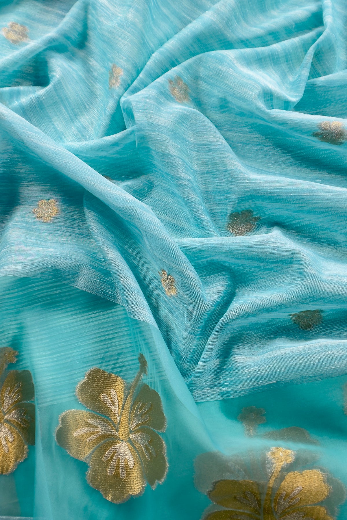 Ice Blue Linen Chanderi Suit With Gold Zari Jamdani Weaving
