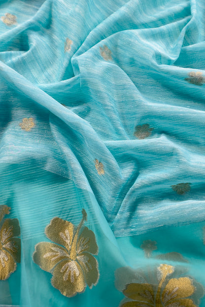 Ice Blue Linen Chanderi Suit With Gold Zari Jamdani Weaving