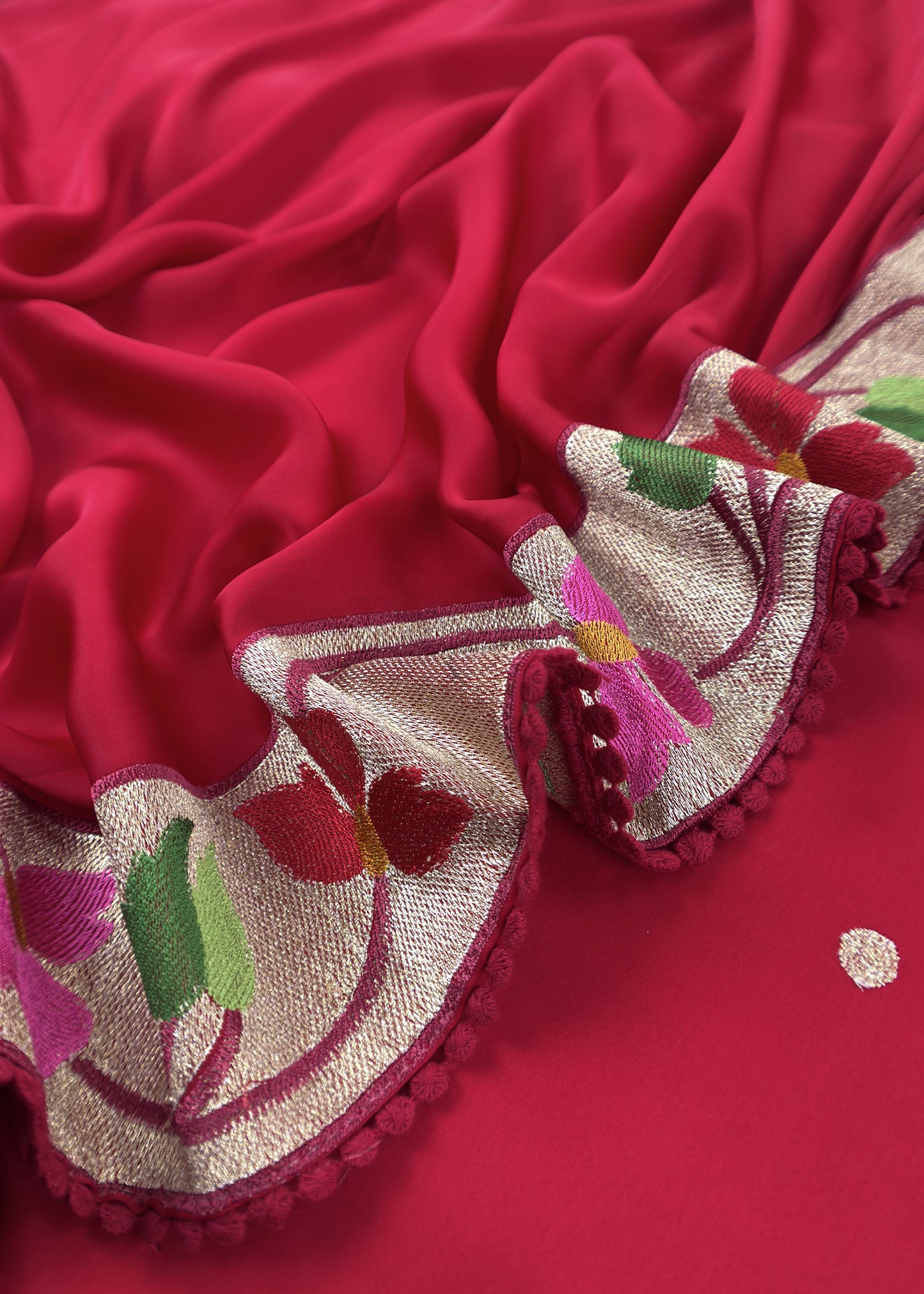 Laal Ishq Handloom Self Embroidered Satin Silk Suit Fabric With Paithani Weaving