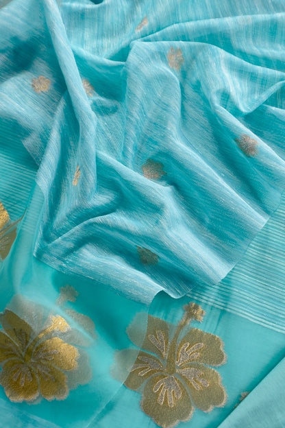 Ice Blue Linen Chanderi Suit With Gold Zari Jamdani Weaving