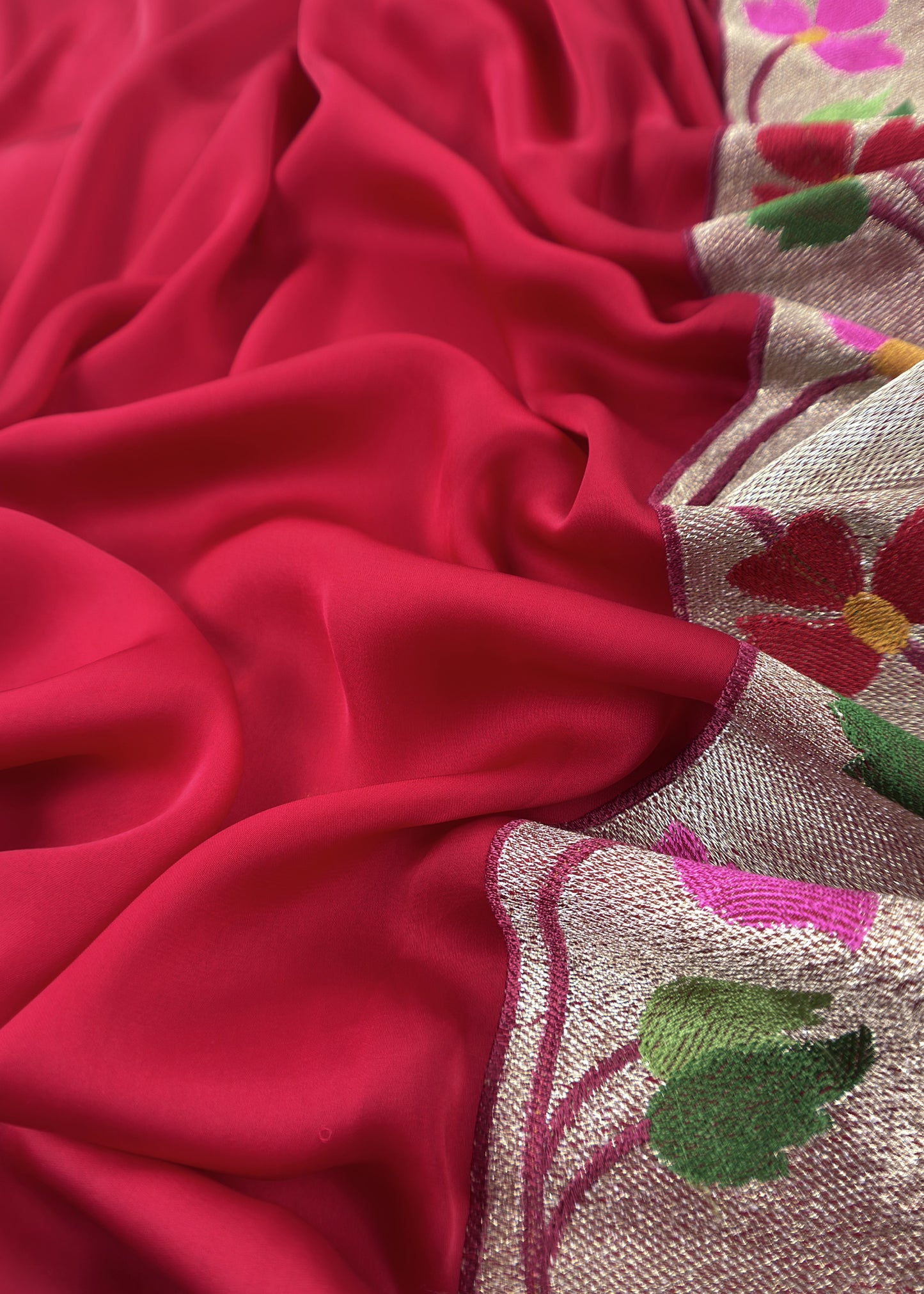 Laal Ishq Handloom Self Embroidered Satin Silk Suit Fabric With Paithani Weaving