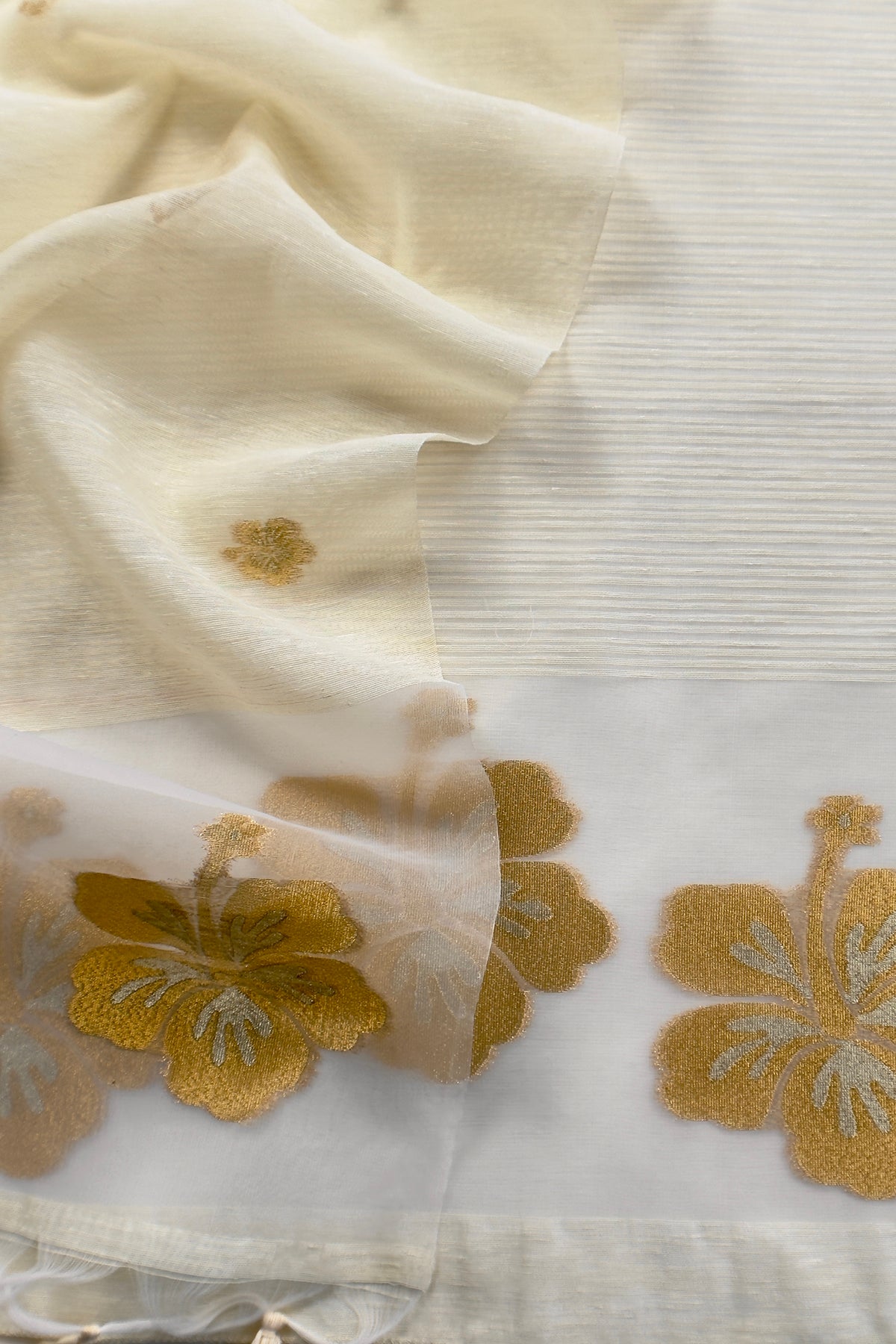White Linen Chanderi Suit With Gold Zari Jamdani Weaving