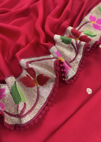 Laal Ishq Handloom Self Embroidered Satin Silk Suit Fabric With Paithani Weaving