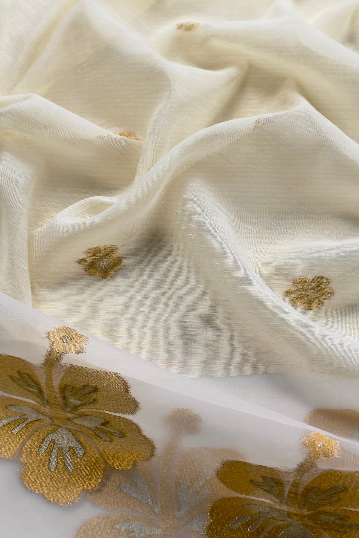 White Linen Chanderi Suit With Gold Zari Jamdani Weaving