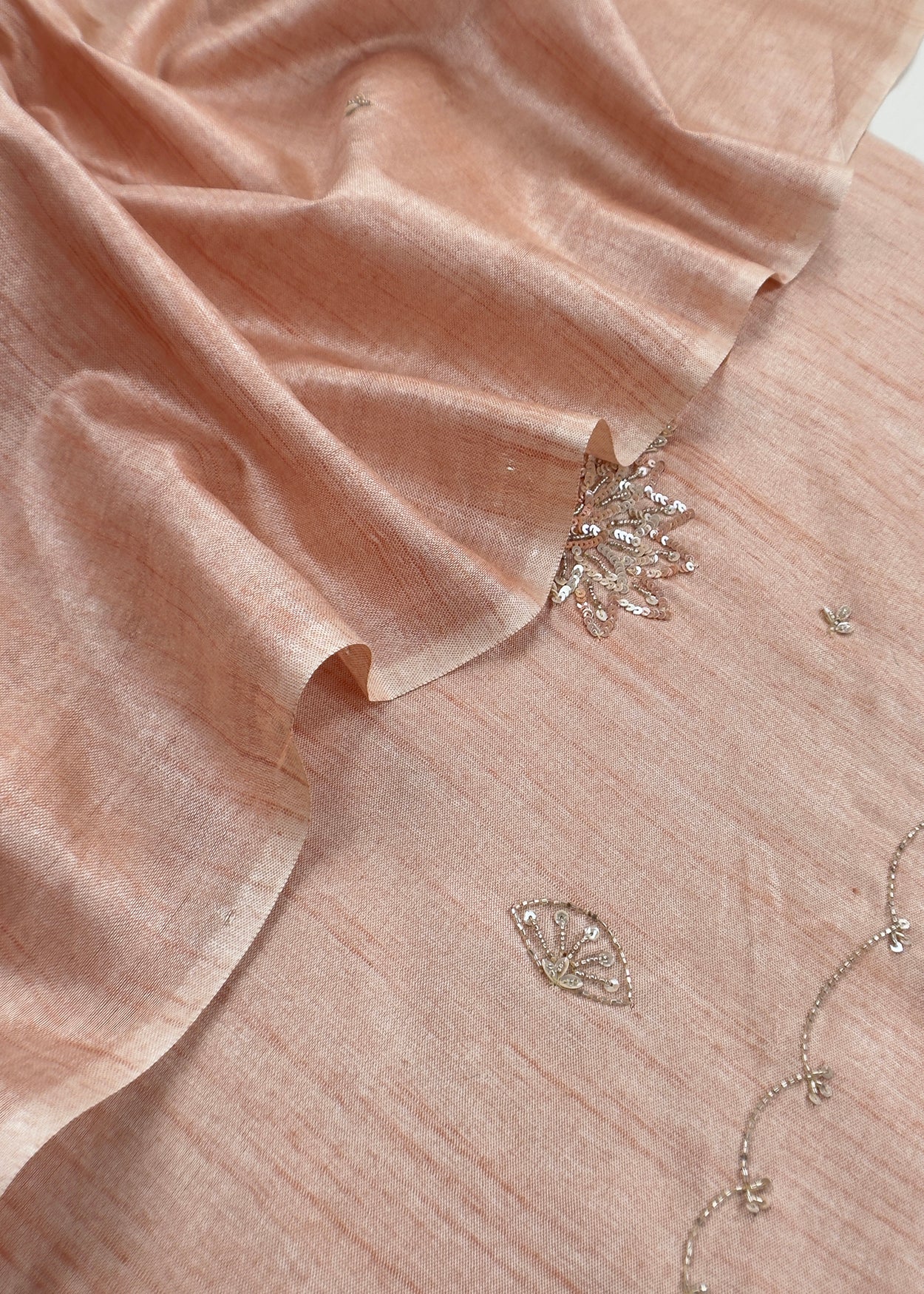 Peach Art Tussar Suit With Cutdana And Sequin Handwork