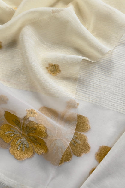 White Linen Chanderi Suit With Gold Zari Jamdani Weaving
