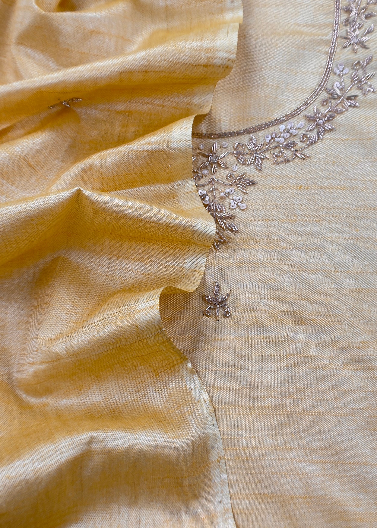Golden Yellow Art Tussar Suit With Cutdana And Sequin Handwork