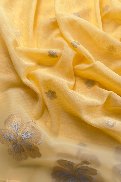Yellow Linen Chanderi Suit With Gold Zari Jamdani Weaving