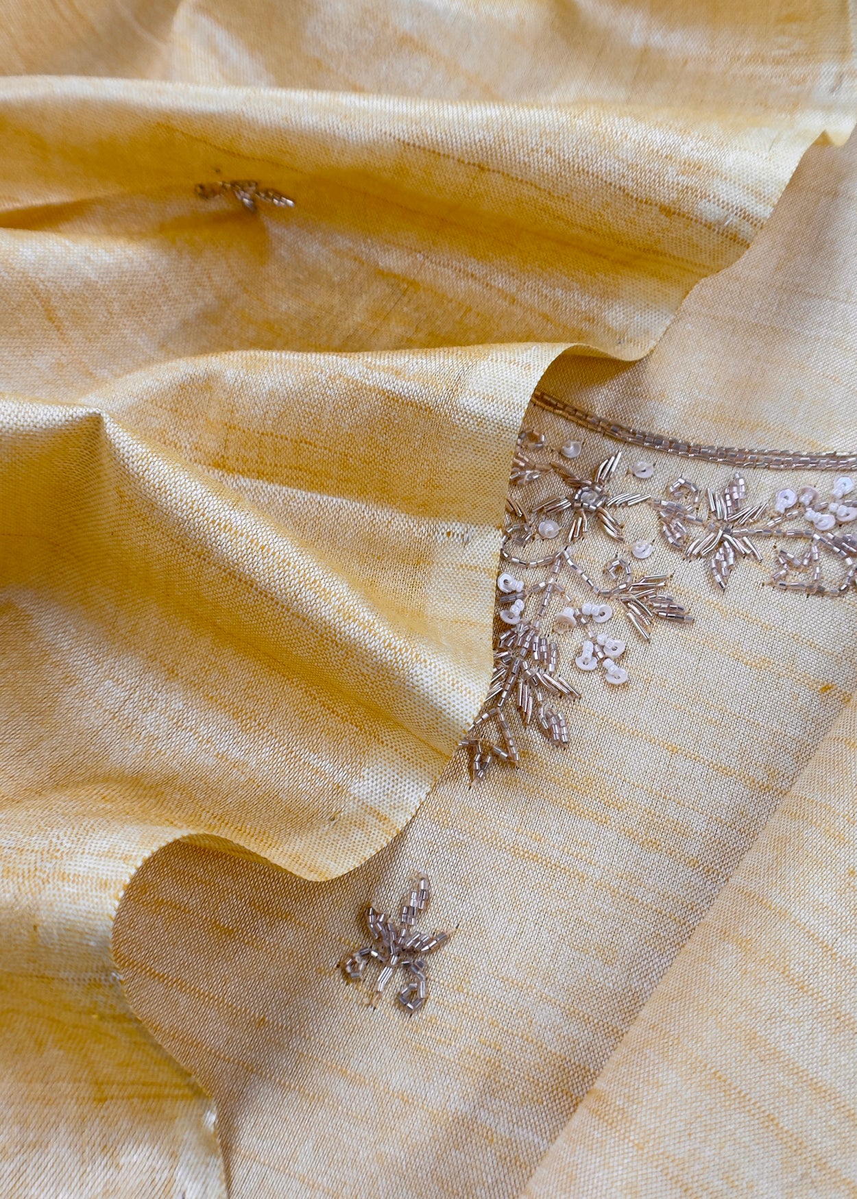 Golden Yellow Art Tussar Suit With Cutdana And Sequin Handwork