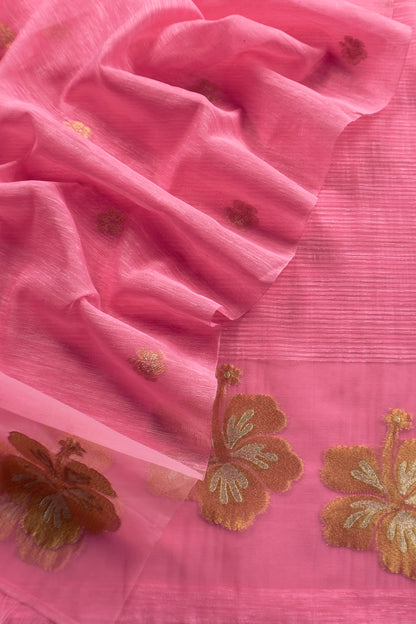 Pink Linen Chanderi Suit With Gold Zari Jamdani Weaving