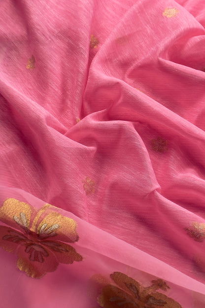 Pink Linen Chanderi Suit With Gold Zari Jamdani Weaving