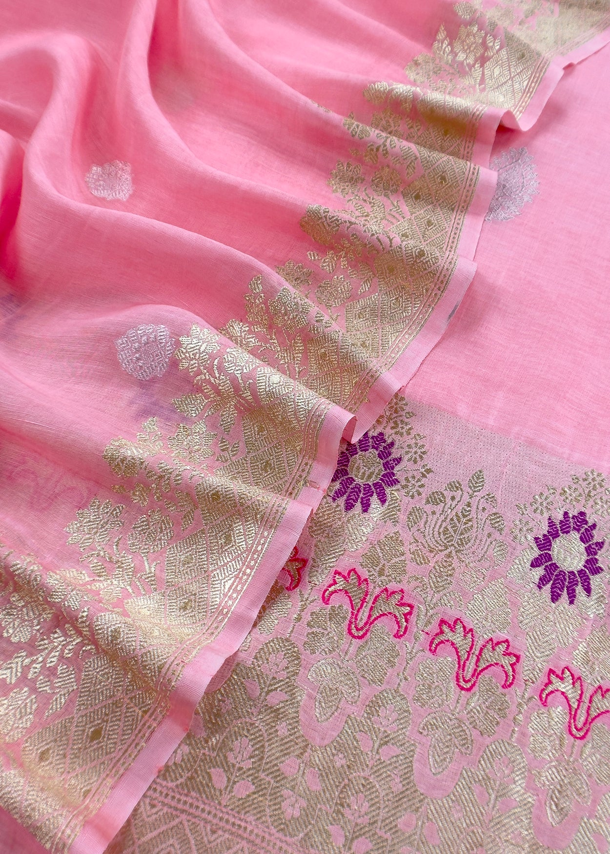 Pink Handloom Linen Silk With Kadwa Weaves