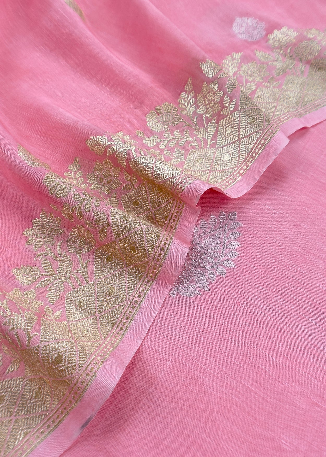 Pink Handloom Linen Silk With Kadwa Weaves