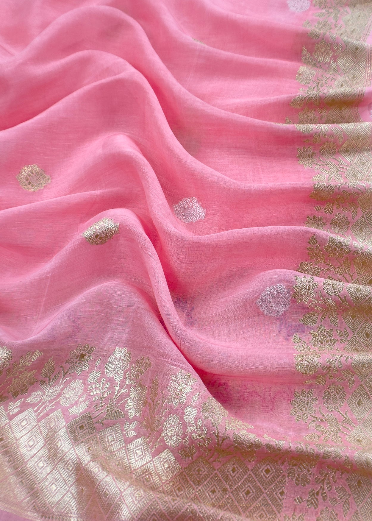 Pink Handloom Linen Silk With Kadwa Weaves