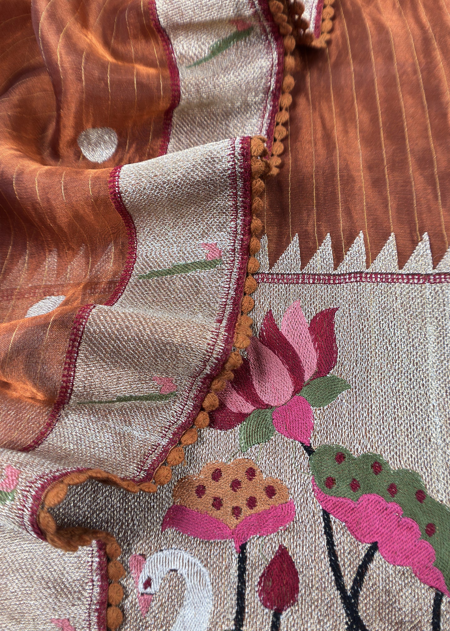 Brown Handloom Self Tissue Silk Suit Fabric With Paithani Weaving
