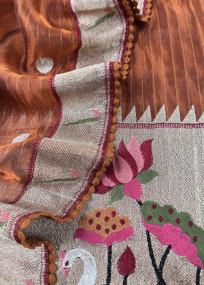 Brown Handloom Self Tissue Silk Suit Fabric With Paithani Weaving