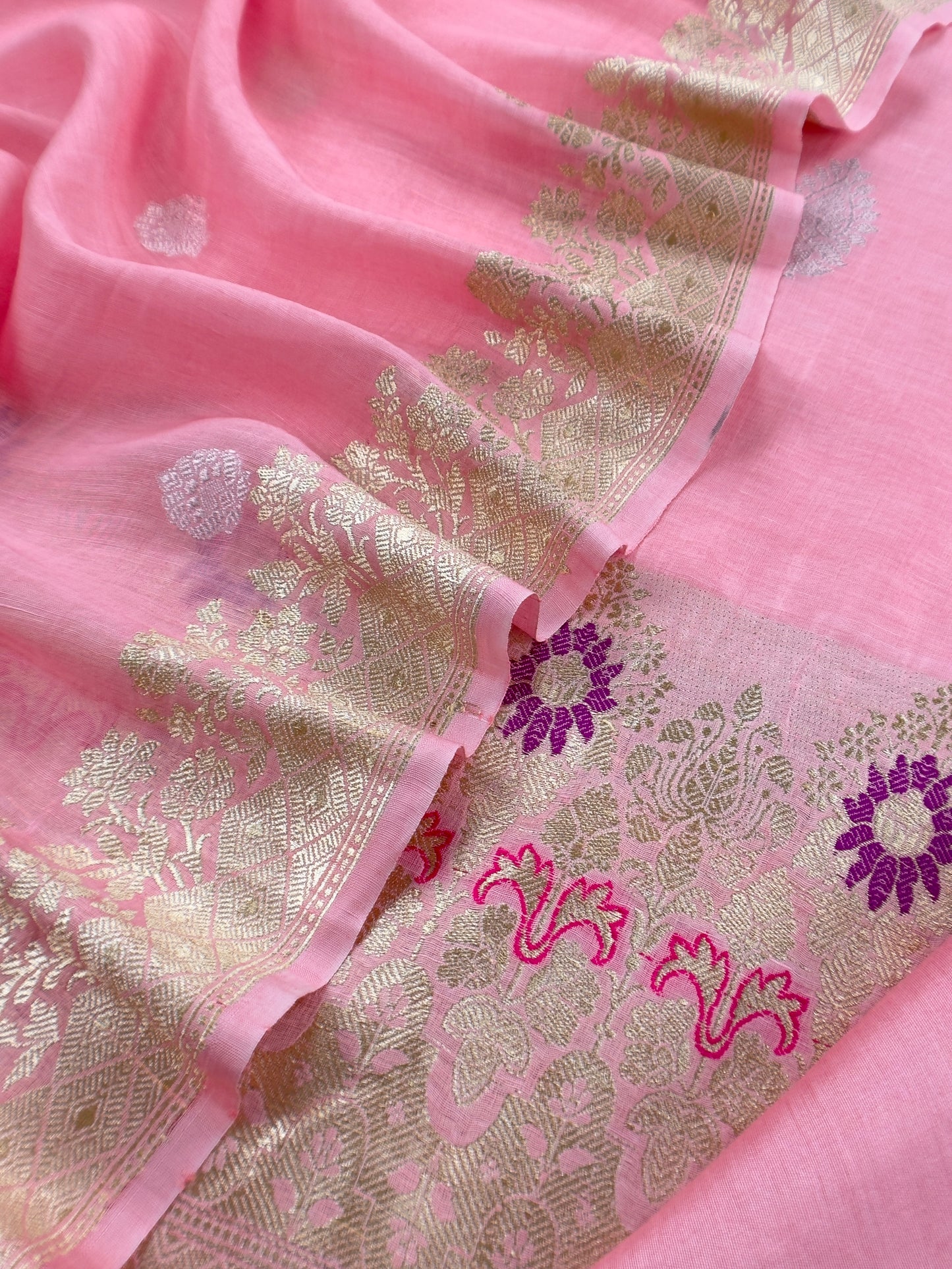 Pink Handloom Linen Silk With Kadwa Weaves