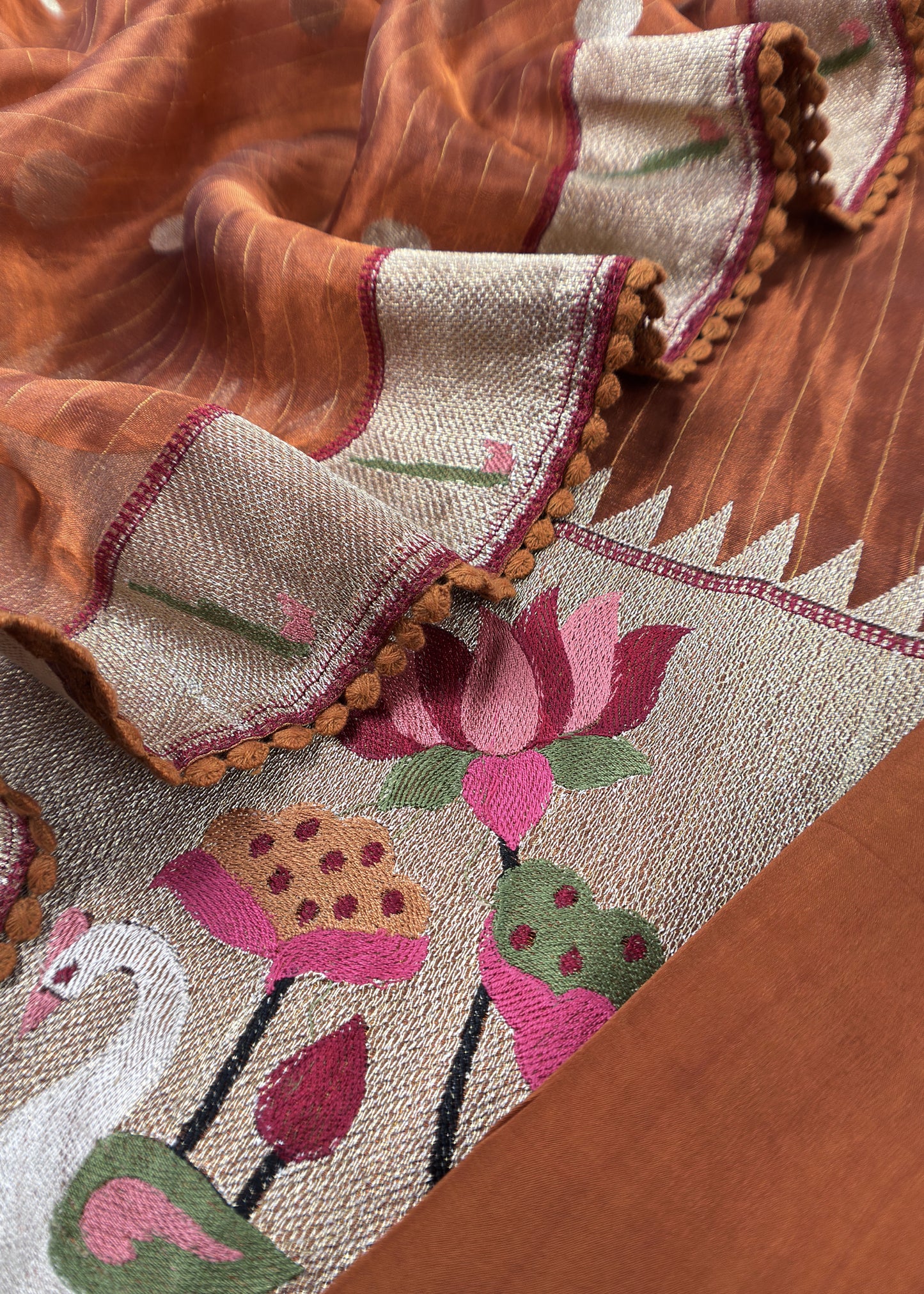 Brown Handloom Self Tissue Silk Suit Fabric With Paithani Weaving