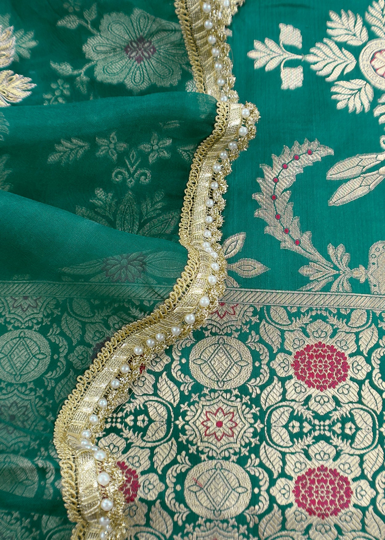 Luxe Bottle Green Handloom Silk Kurta and Kora Silk Dupatta With Handwork