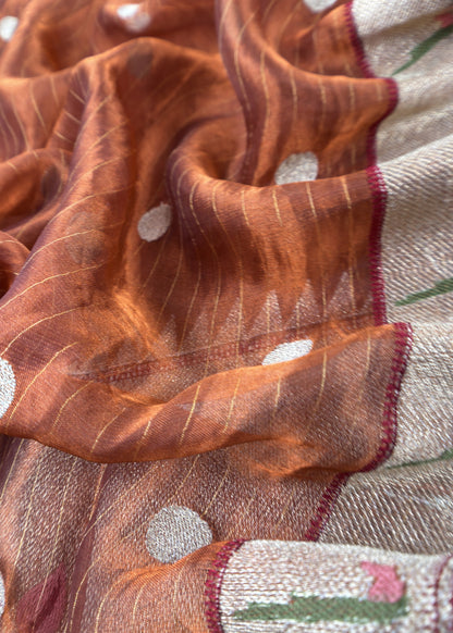Brown Handloom Self Tissue Silk Suit Fabric With Paithani Weaving