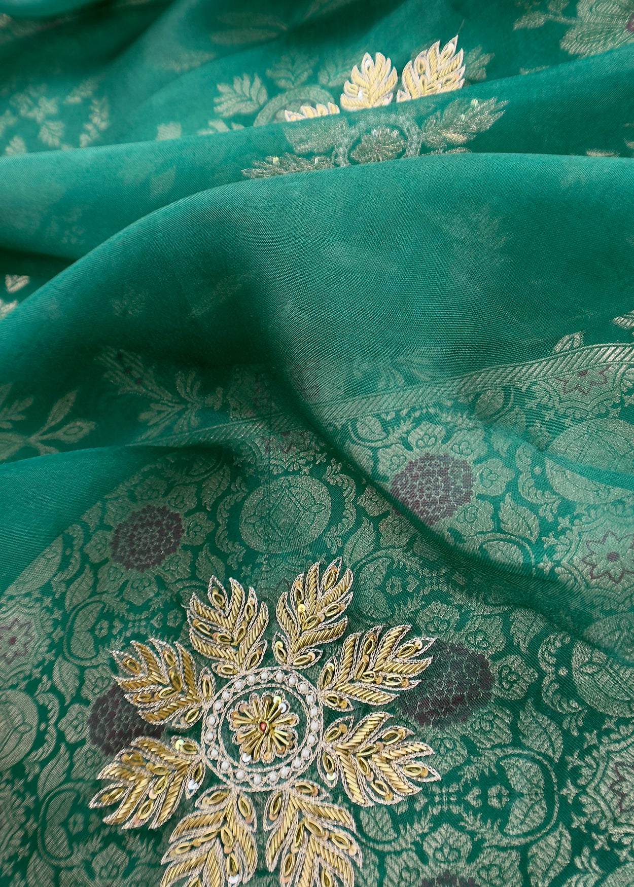 Luxe Bottle Green Handloom Silk Kurta and Kora Silk Dupatta With Handwork