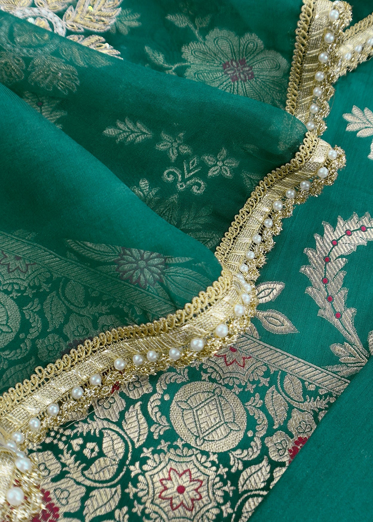 Luxe Bottle Green Handloom Silk Kurta and Kora Silk Dupatta With Handwork