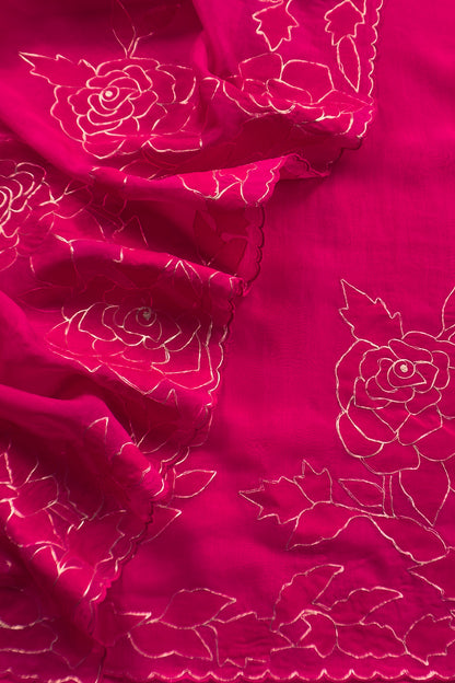 Pink French Roses Handloom Organza Suit Fabric With Appliqué And Pitta Work