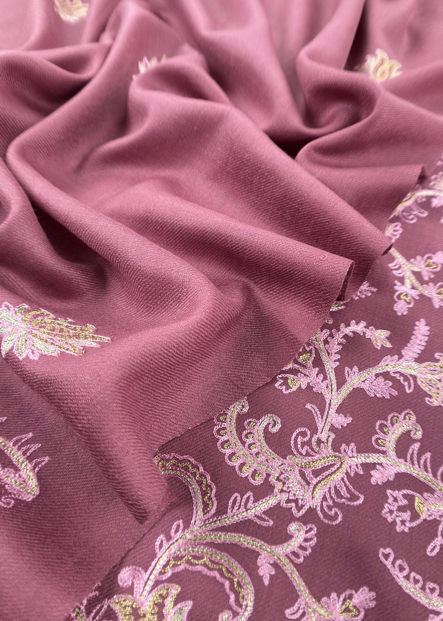 Rouge Pink Pure Merino Wool With Beautiful Zari And Aari Embroidery