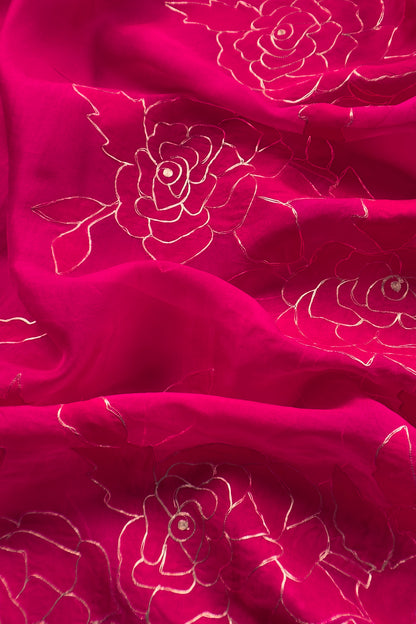 Pink French Roses Handloom Organza Suit Fabric With Appliqué And Pitta Work