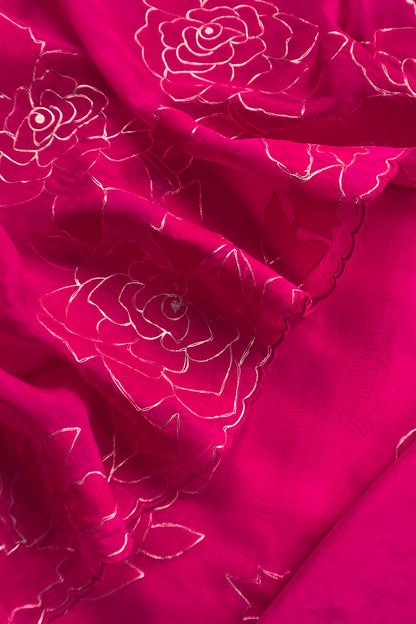 Pink French Roses Handloom Organza Suit Fabric With Appliqué And Pitta Work