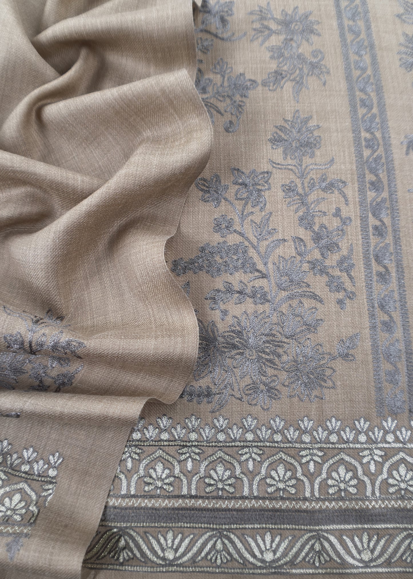 Beige Pure Merino Wool with Beautiful Aari Embroidery