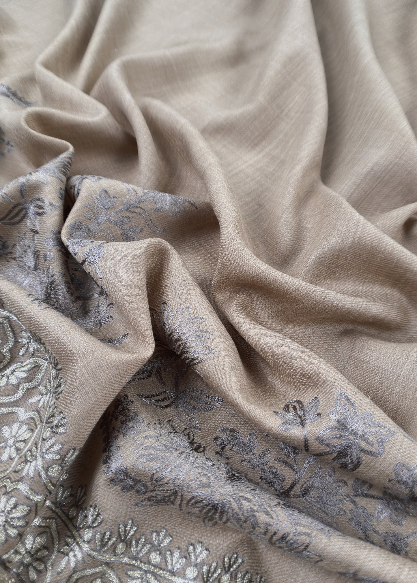Beige Pure Merino Wool with Beautiful Aari Embroidery