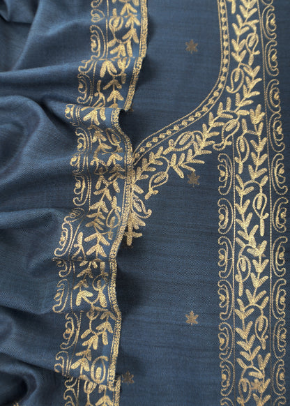Blue Pure Merino Wool Suit With Kashmiri Aari Embroidery
