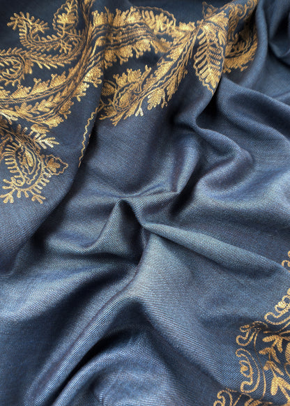 Blue Pure Merino Wool Suit With Kashmiri Aari Embroidery