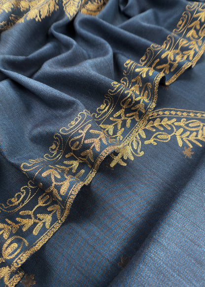 Blue Pure Merino Wool Suit With Kashmiri Aari Embroidery