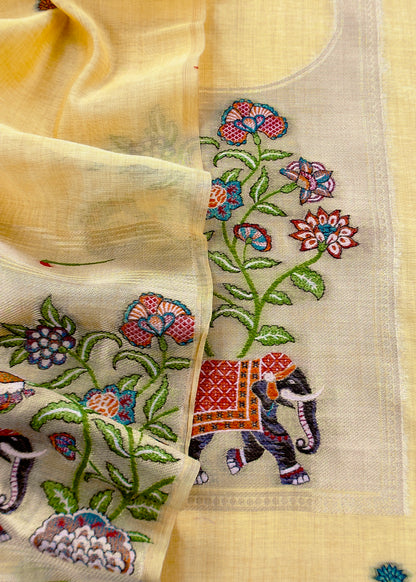 linen chanderi suit with jamdani weaving

