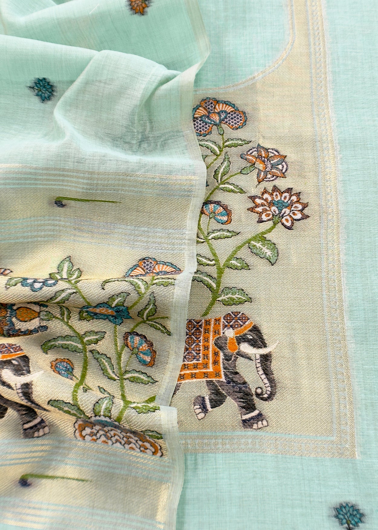 Sky Blue Jamdani Woven Unstitched Suit With Paithani Work