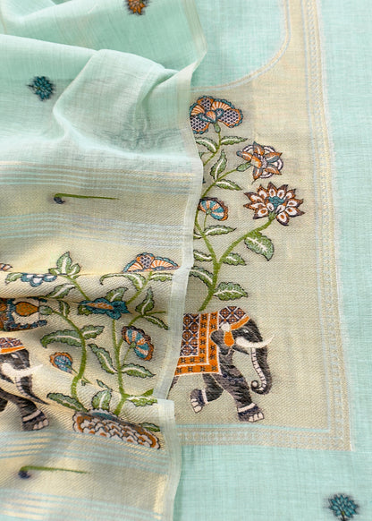 Sky Blue Jamdani Woven Unstitched Suit With Paithani Work