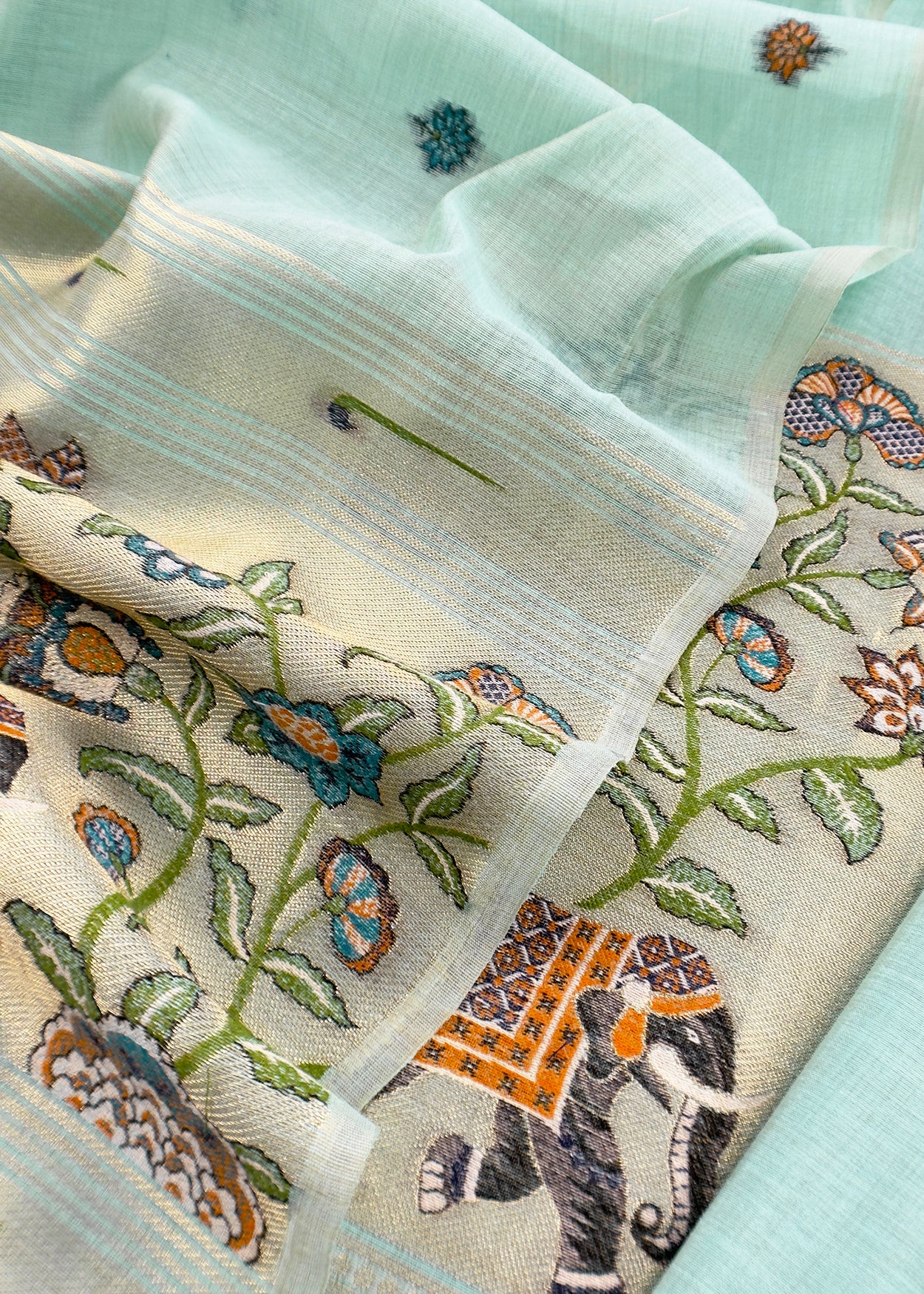 Sky Blue Jamdani Woven Unstitched Suit With Paithani Work