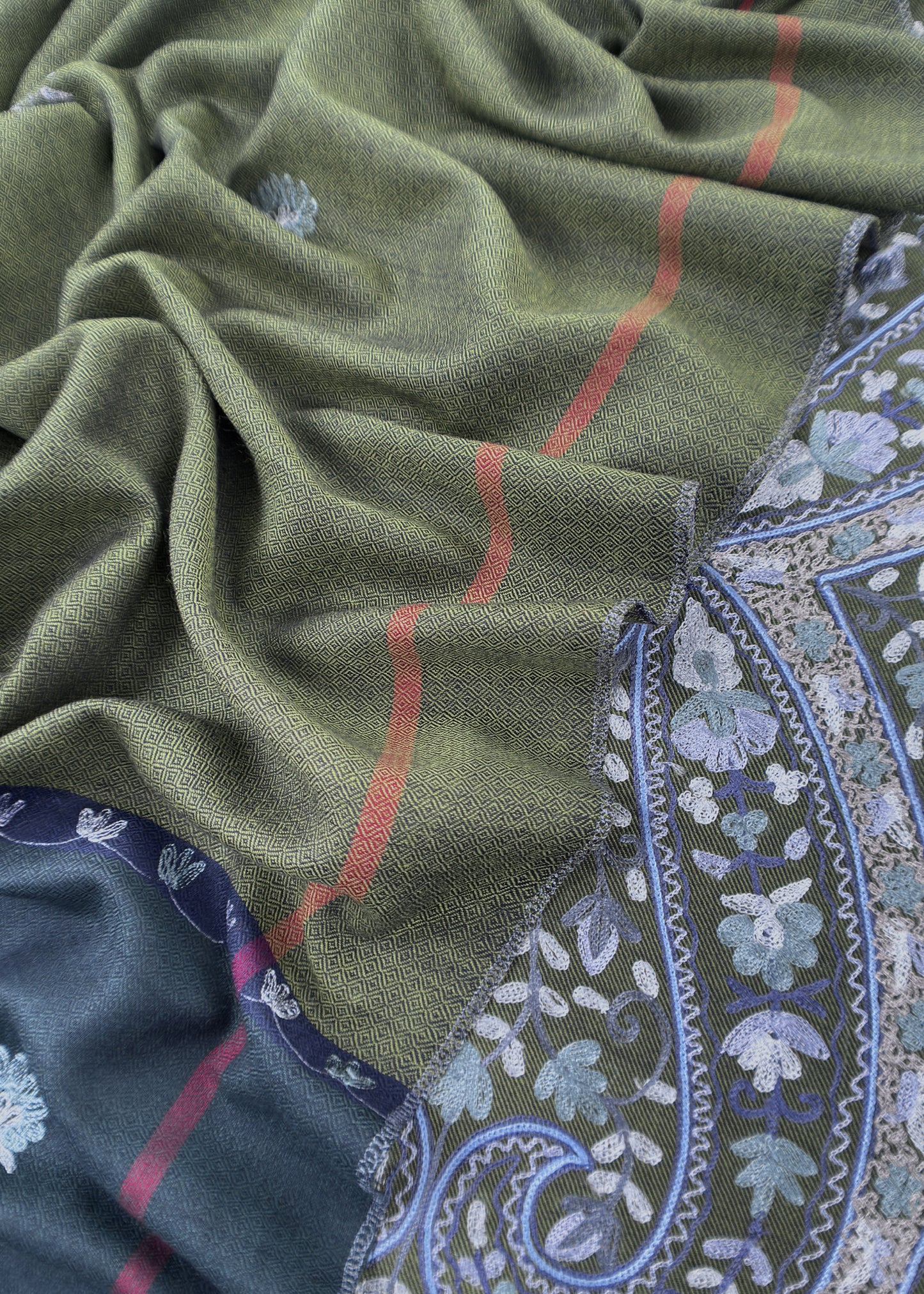 Mehndi Green And Charcoal Grey Pure Merino Wool With Beautiful Aari Embroidery