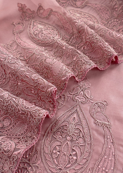 Blush Peach Kalasheel Luxe Handloom Organza Suit With Garden French Embroidery