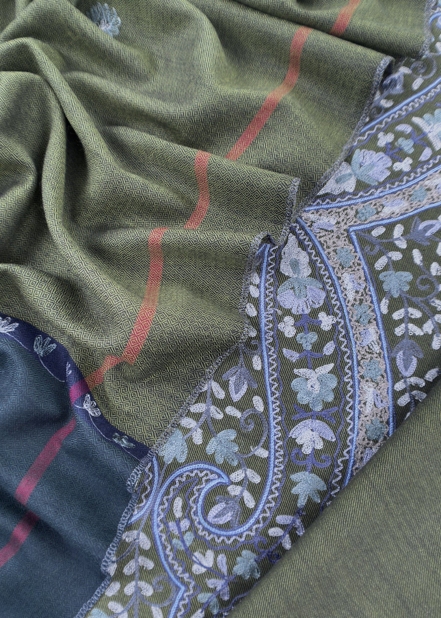 Mehndi Green And Charcoal Grey Pure Merino Wool With Beautiful Aari Embroidery