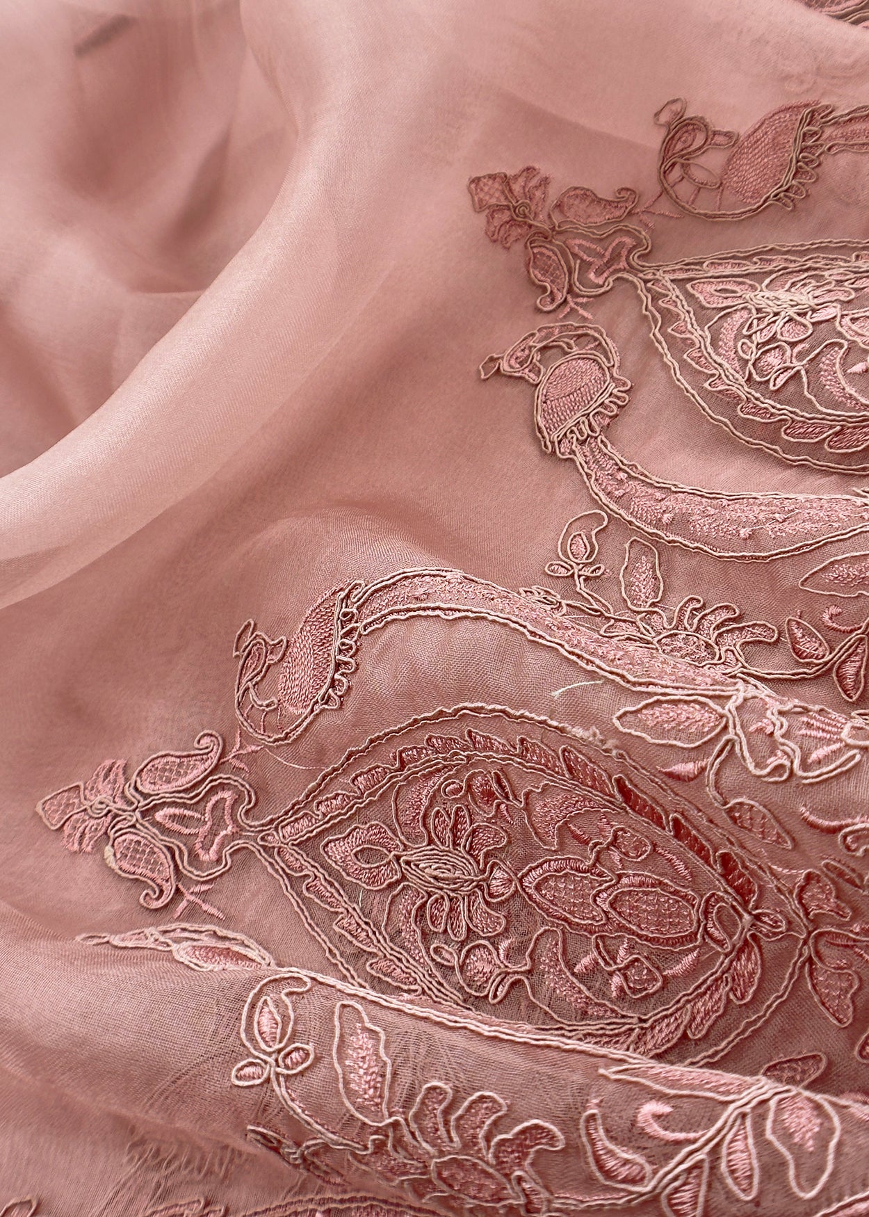 Blush Peach Kalasheel Luxe Handloom Organza Suit With Garden French Embroidery