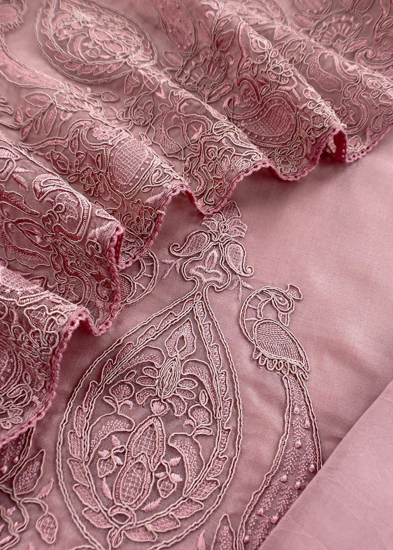 Blush Peach Kalasheel Luxe Handloom Organza Suit With Garden French Embroidery