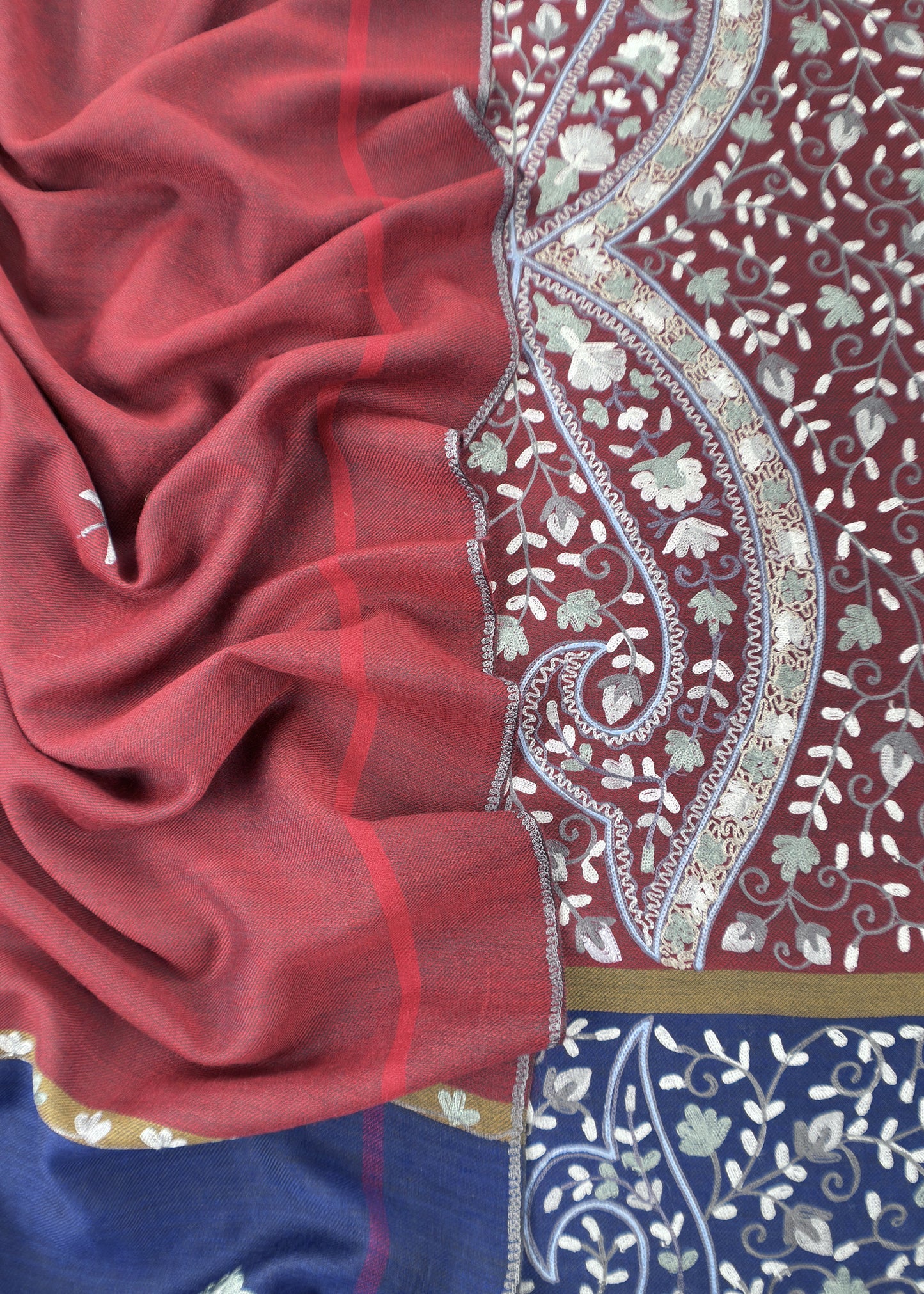 Blue And Red Grey Pure Merino Wool With Beautiful Aari Embroidery