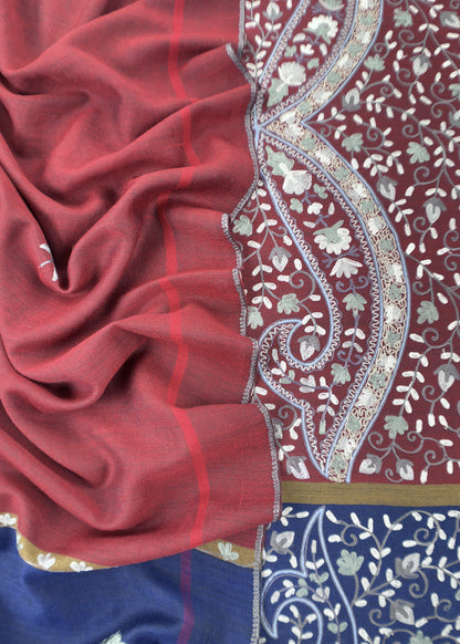 Blue And Red Grey Pure Merino Wool With Beautiful Aari Embroidery