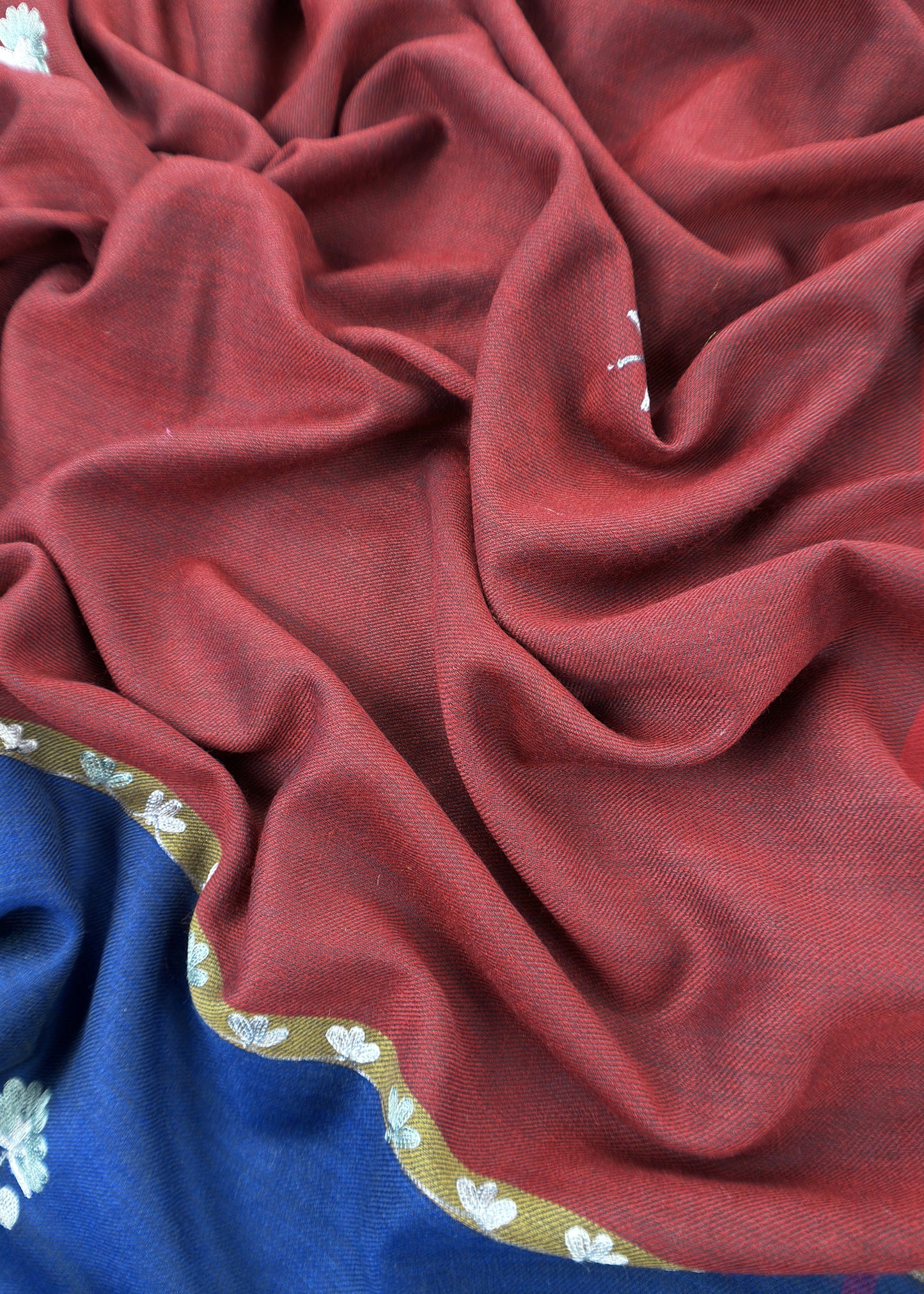 Blue And Red Grey Pure Merino Wool With Beautiful Aari Embroidery