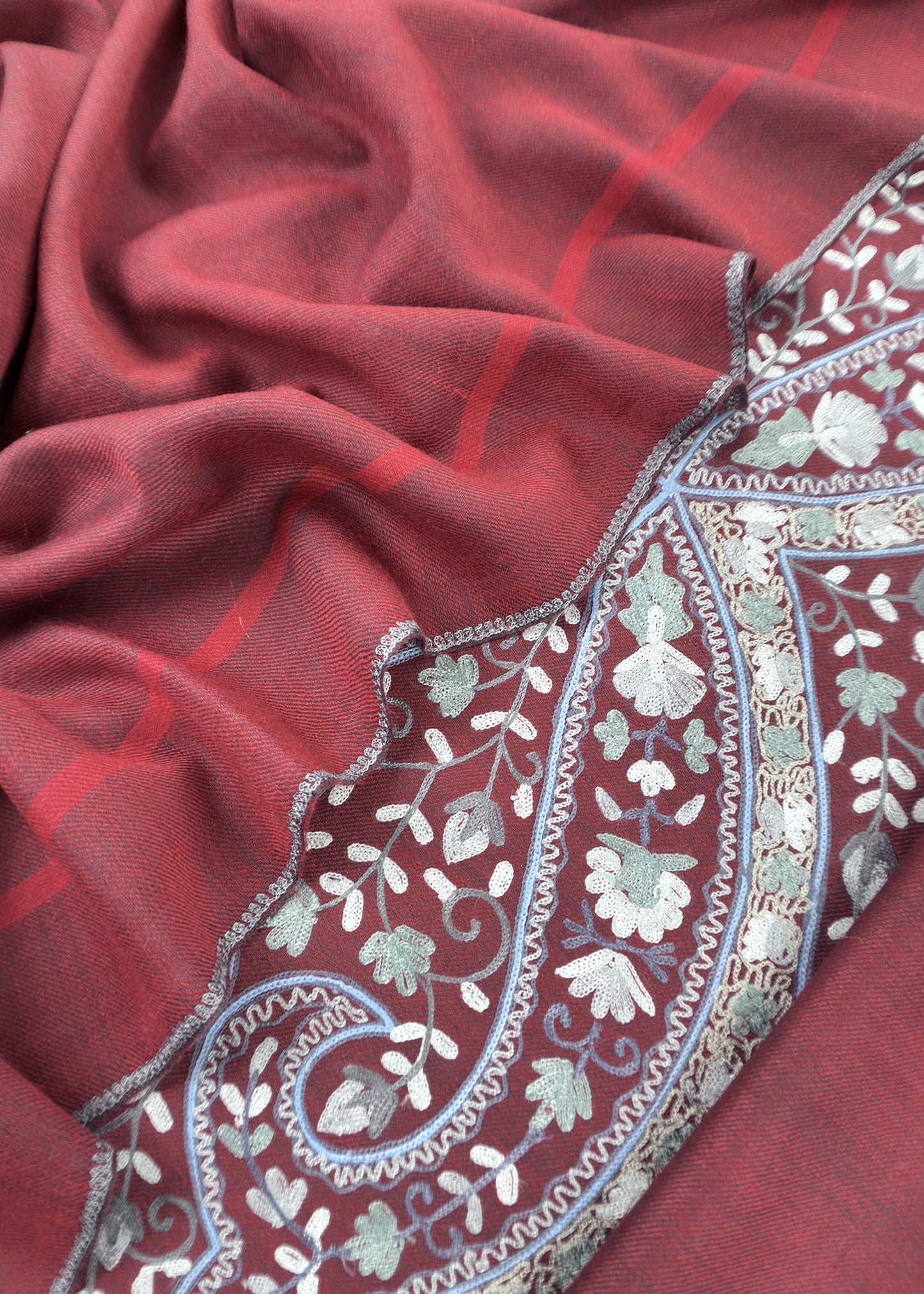 Blue And Red Grey Pure Merino Wool With Beautiful Aari Embroidery